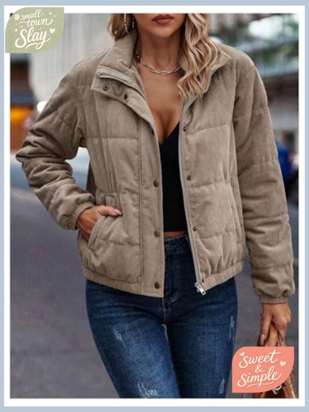 Quilted Puffer Jacket Zip Up Long Sleeve Padded Bomber Barn Coat with Pockets - Picture 4 of 6